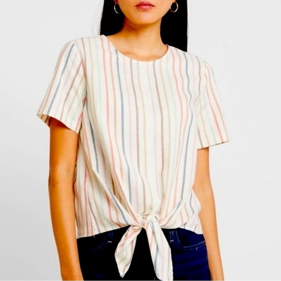 Madewell Tops - Madewell Button Back Tie Tee In Rainbow Stripe Short Sleeve Off White Size Small